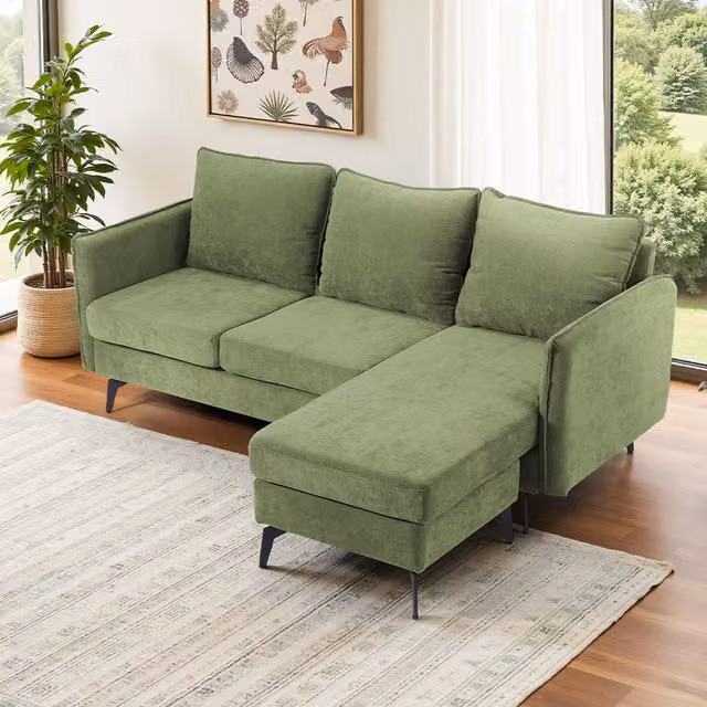 Livingandhome Reversible 3 Seater L-Shape Corner Sectional Sofa in Green Fabric