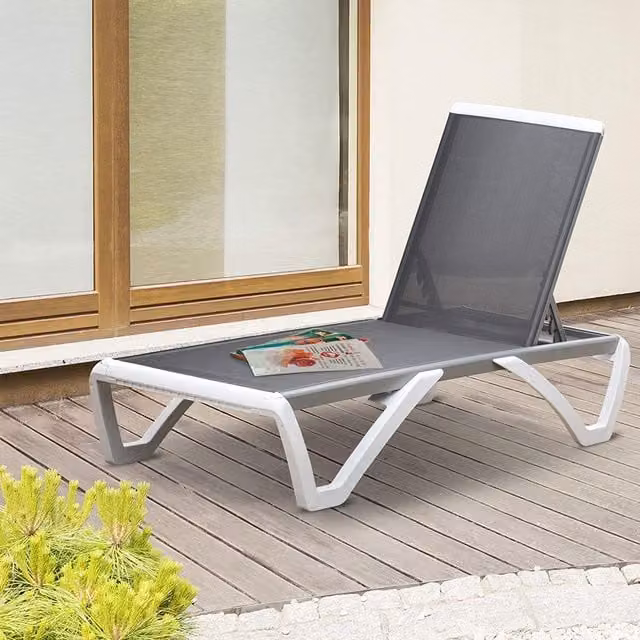 Outsunny Grey Outdoor Lounger with Adjustable Headrest and Castors, Powder Coated Aluminium and Textilene