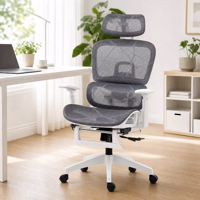 STILVORA Ergonomic Grey Mesh Office Chair with Headrest and Footrest – 1