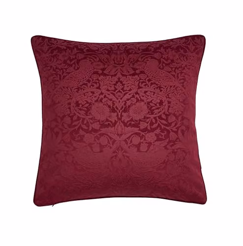 William Morris at Home Strawberry Thief Embossed Microfibre Filled Cushion, Red, W/D/H: 50 x 50 x 50 cm