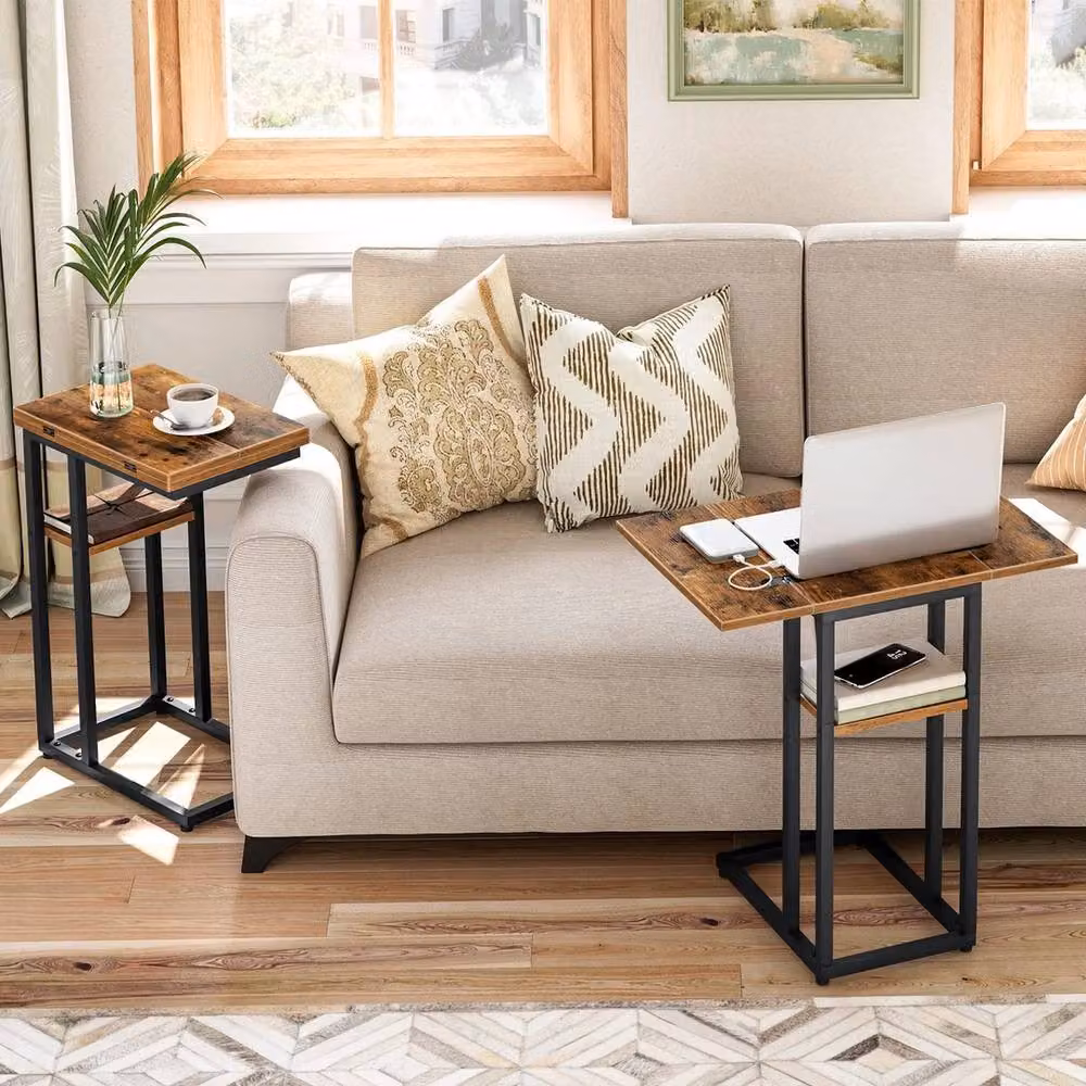 FORGEVIO C Shaped Foldable Side Table with Rustic Brown and Black Metal Finish – 4