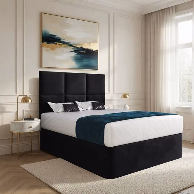 Casani Godalming Black Velvet Upholstered Divan Bed Frame with Floorstanding Headboard, W/D/H: 90 x 200 x 137 cm