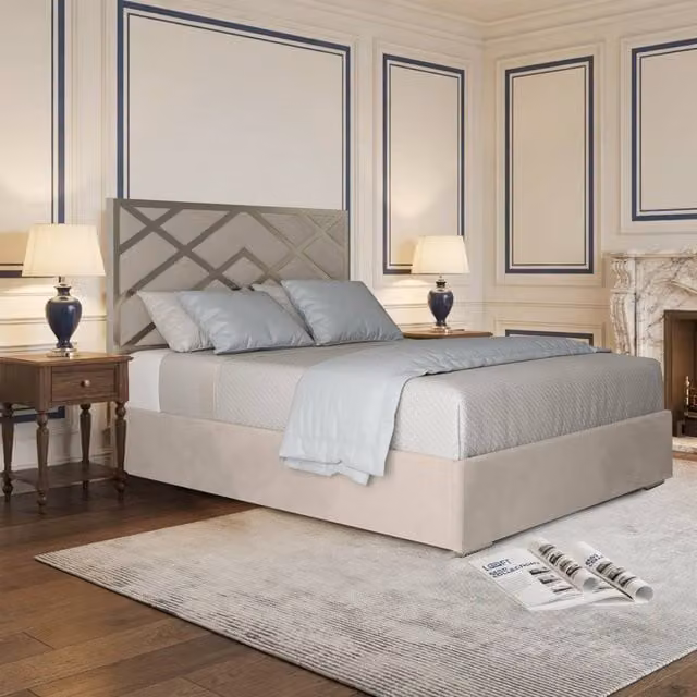 KDMD Wolferton Super King Designer Bed Frame in Beige Velvet and Metal – 1