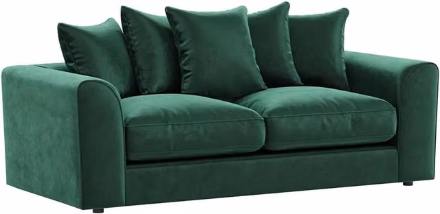 Furnishings For Less UK Brooklyn 3 Seater Sofa in Green Plush Velvet Fabric with Scatter Back and Removable Covers