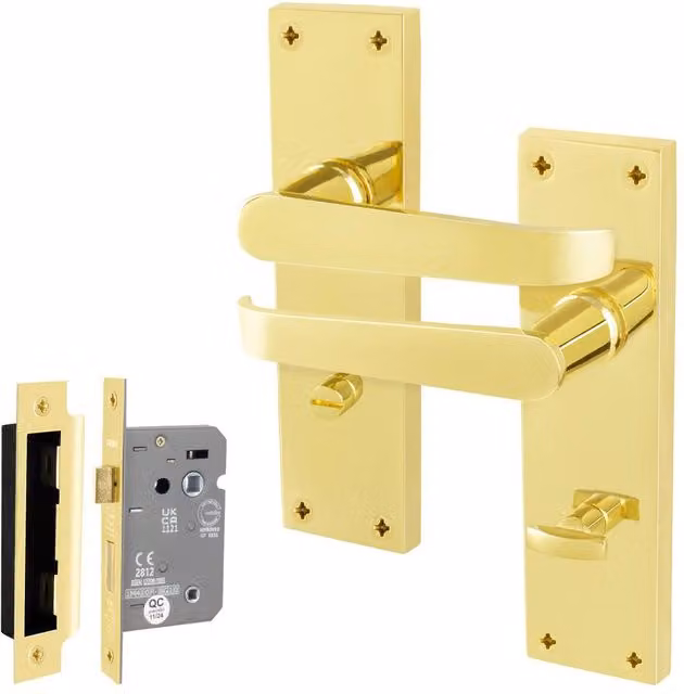 AFIT Polished Brass Bathroom Door Handle Set with Gold Lock and Backplate, 1 Pair, W/H: 15 x 15 cm – 1