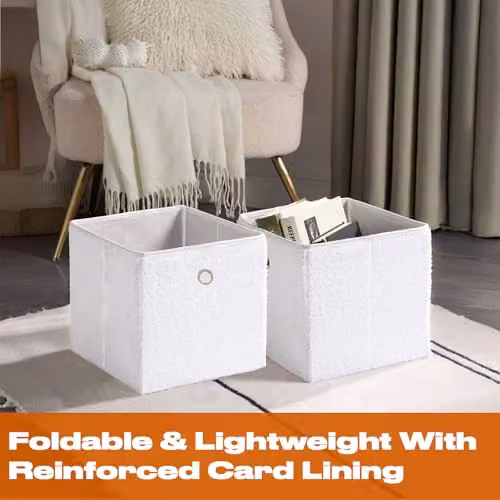 OHS Pack of 2 Teddy Boucle Foldable Storage Cubes with Handles, White – 3
