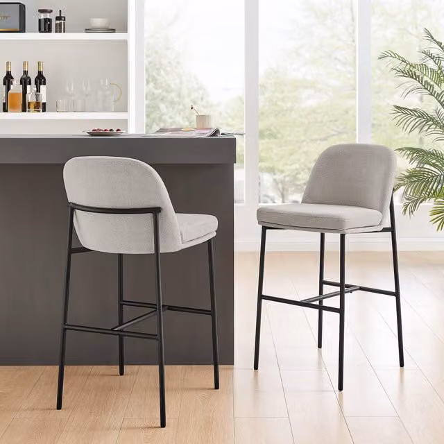Modish Furnishing Nora Set of 2 Barstools in Stone Grey Fabric with Black Metal Frame