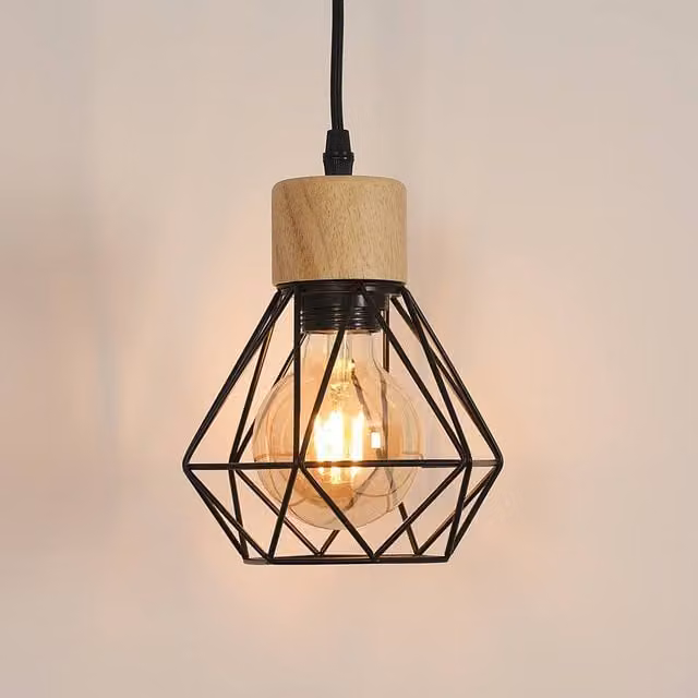 Pheashine Black Industrial Pendant Light with Wood Accents, E27, Shade Diameter: 15 cm, Adjustable Cord: 150 cm – 1