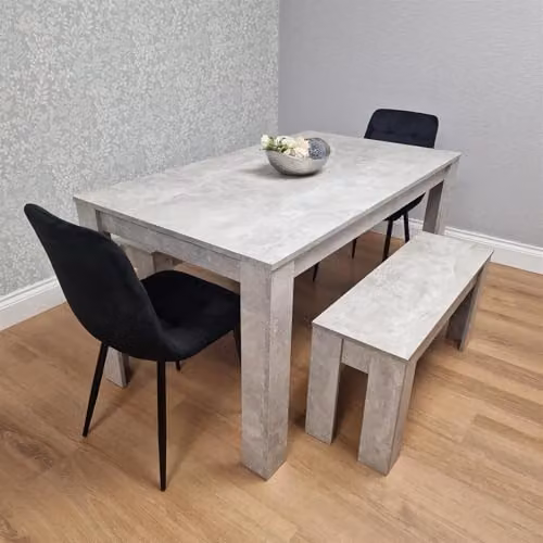KOSY KOALA Modern Dining Set with Rectangular Stone Grey Table, 2 Black Velvet Chairs and 2 Grey Benches