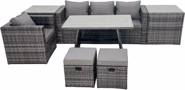 Fimous Rattan Dining Table and Sofa Set with 2 Side Tables and 2 Footstools in Dark Grey