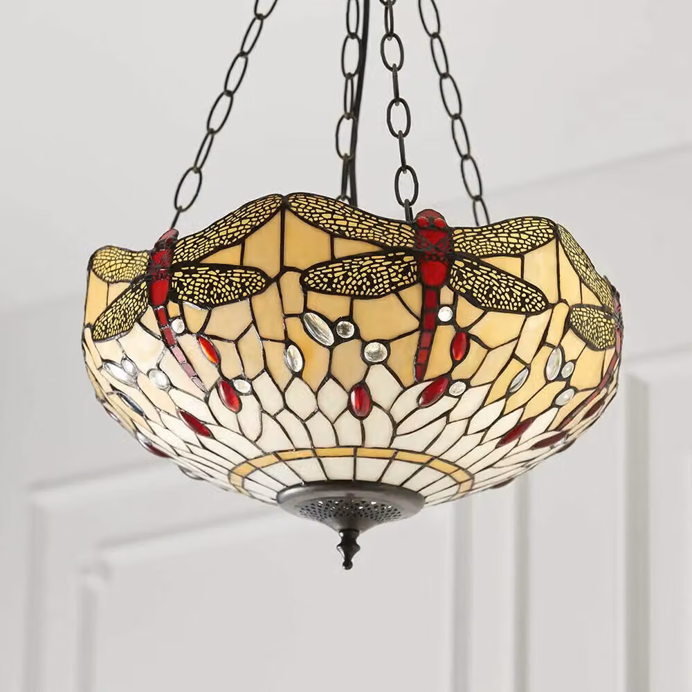 Loops Tiffany Glass Hanging Ceiling Pendant Light in Bronze with Dragonfly Lamp Shade and Clear Glass – 2
