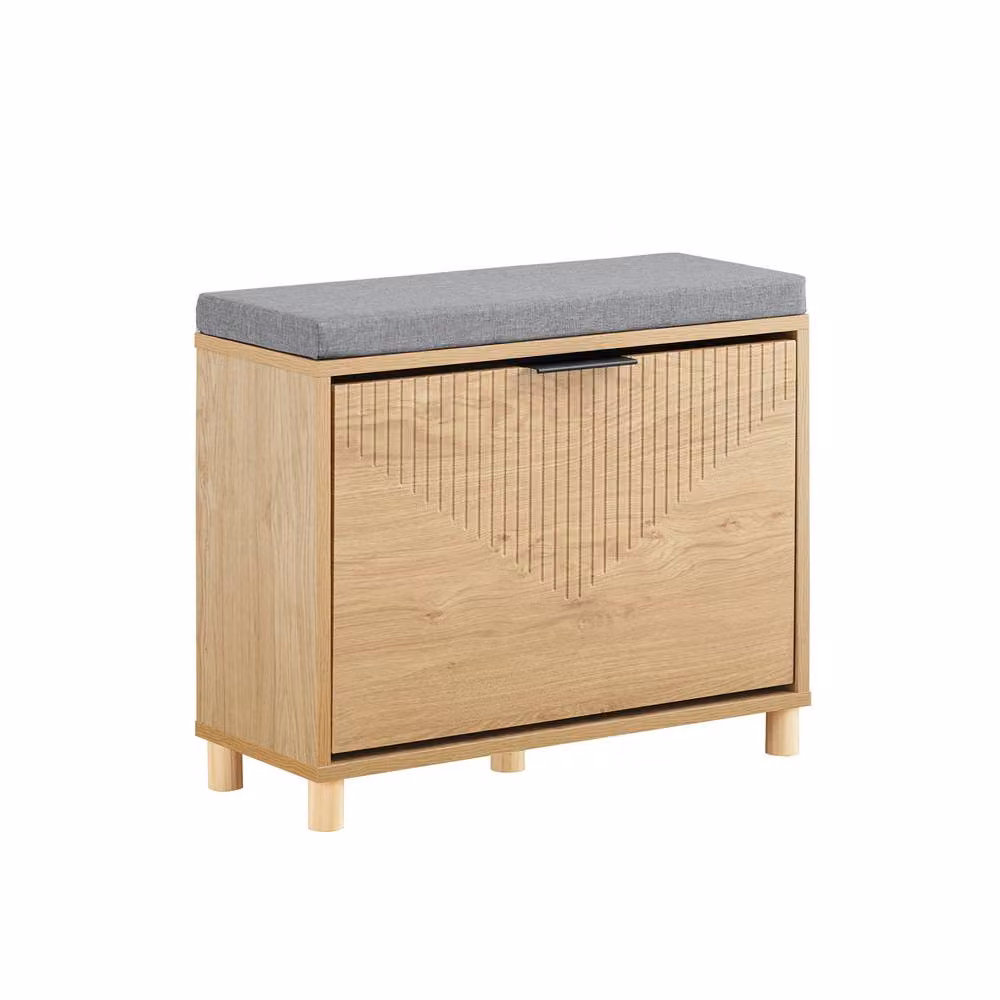 SoBuy Slim Entrance Bench and Shoe Rack in Light Oak with Grey Fabric – 2