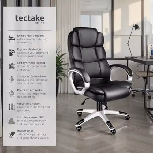 tectake Jonas Executive Office Chair in Black with Synthetic Leather and Headrest – 4