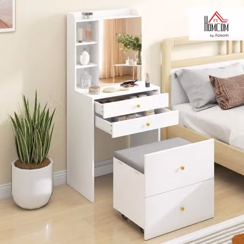 HOMCOM Modern White Dressing Table with Mirror and Mobile Stool, W/D/H: 120 x 40 x 76.5 cm – 2
