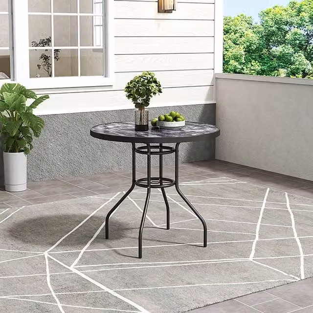 Breeins Black Marble Effect Round Garden Table with Tempered Glass, W: 80 cm, H: 72.5 cm