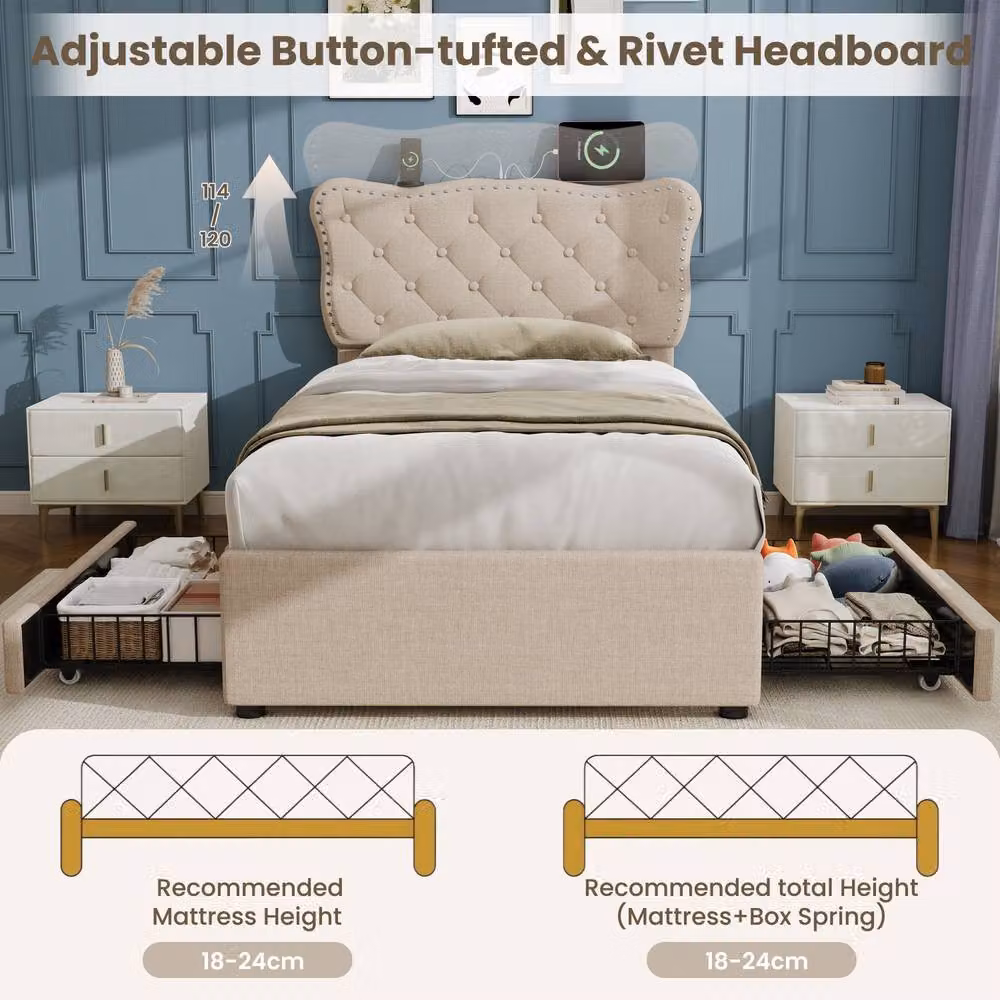 ModernLuxe Upholstered Single Bed with Drawers and Adjustable Headboard in Beige, W/D/H: 100 x 200 x 120 cm – 3