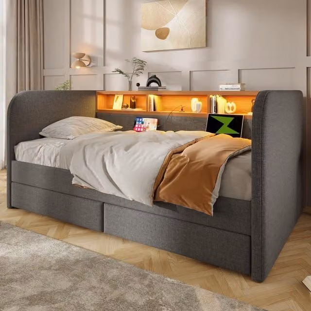 Aosom UK Grey Upholstered Daybed with USB and Type-C Charging, Storage Headboard and Integrated Reading Light, W/D/H: 107 x 197.5 x 70 cm