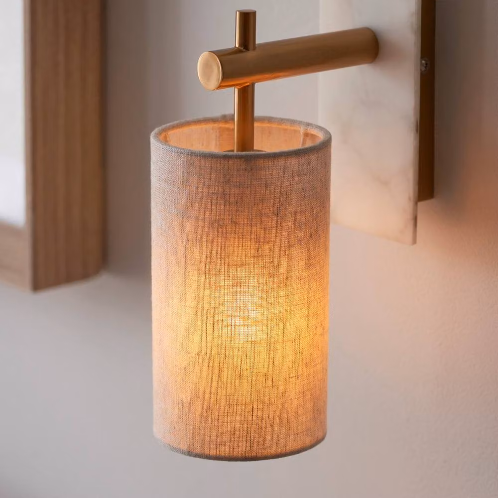 Netlighting Calista Wall Lamp in Vintage Brass Finish with White Marble and Beige Linen Shade, 7W LED E14 – 3