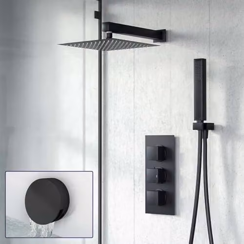 Nes Home 3 Dial Square Thermostatic Shower Mixer Valve Set with Handheld Shower and Waste in Matt Black – 1