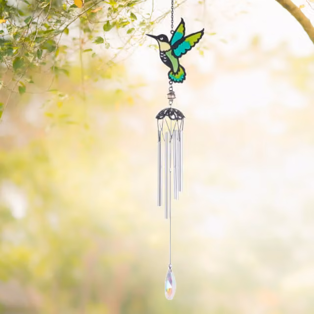 Betley Butterfly Stained Glass Effect Hummingbird Wind Chime in Yellow and Multicolour