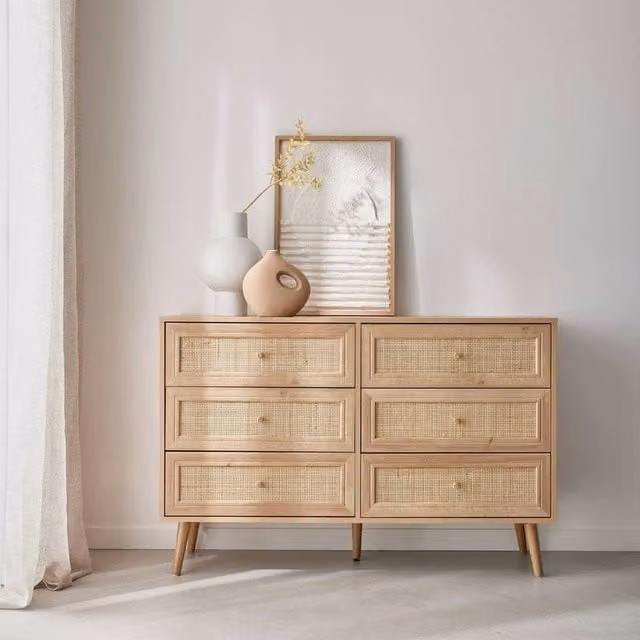 sweeek 6-Drawer Scandinavian Chest with Wood and Rattan Effect in Brown, W/D/H: 120 x 39 x 79 cm – 1