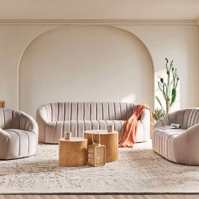 Wyld and Coco Home Premium 6-Seater Beige Velvet Retro Tufted Sofa with Solid Wood Frame – 1