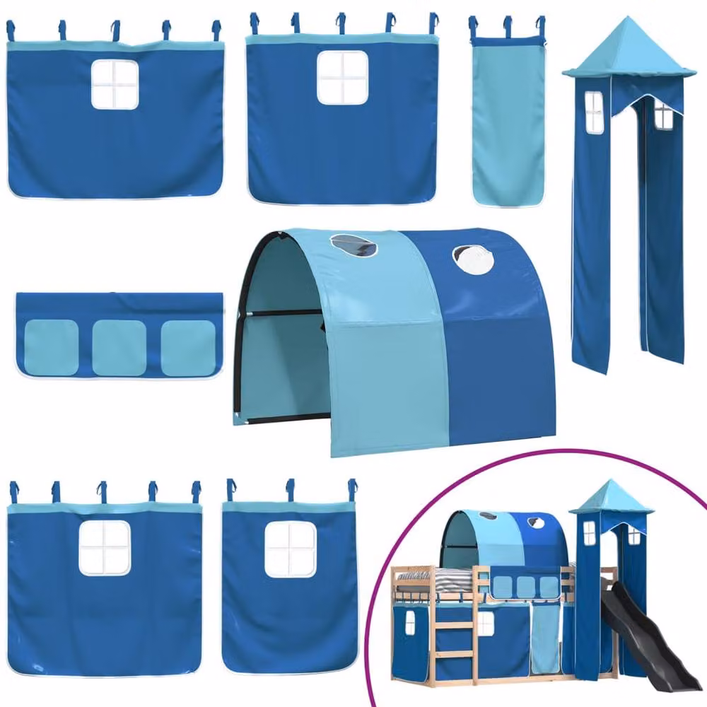 Berkfield Home Blue Solid Wood Childrens Bunk Bed with Slide and Curtains W/D/H: 80 x 200 cm – 4