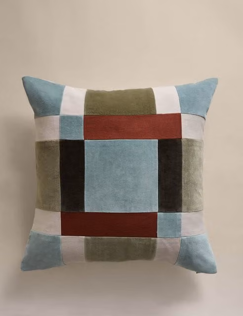 M&S Green Mix Velvet Patchwork Square Cushion with Removable Washable Cover