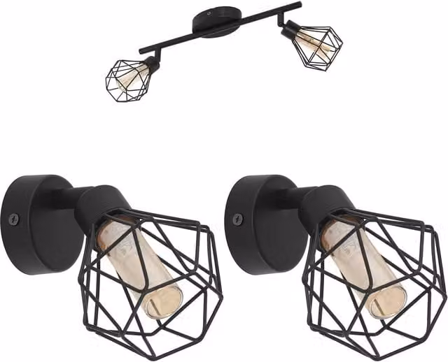 Loops Modern Black Metal Ceiling Spotlight and Matching Wall Light Set with Adjustable Cage Design – 1