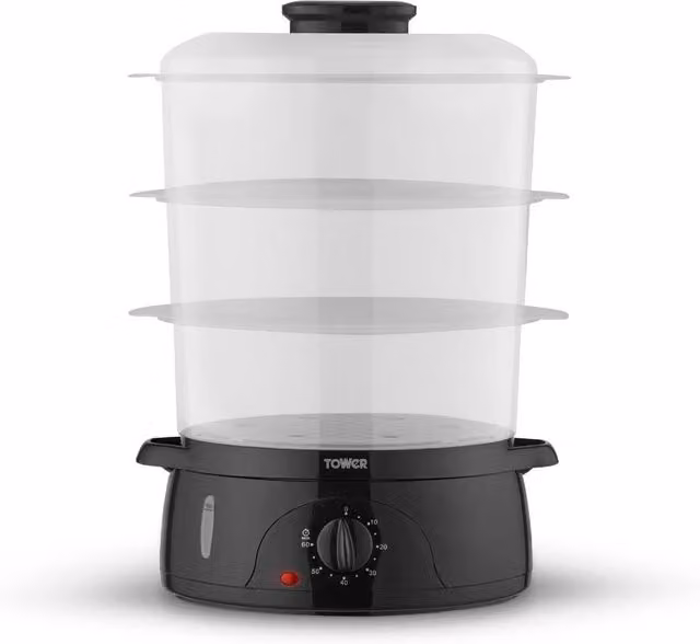 Tower 9L Three Tier Food Steamer in Black with Transparent Glass Lids