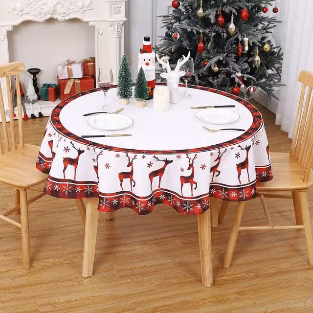 London Boutique Round Water-Resistant Polyester Christmas Tablecloth with Deer Design in White, Diameter: 152.4 cm