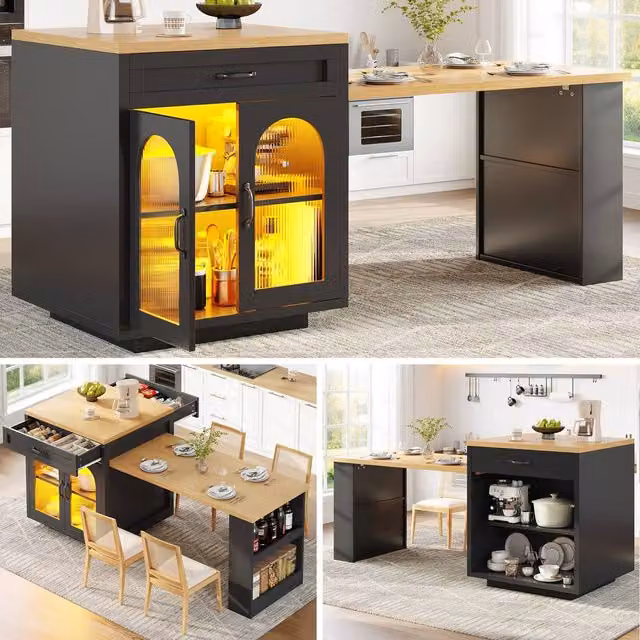 Rolipo Modern Extendable Kitchen Island with LED Lighting and Storage in Black