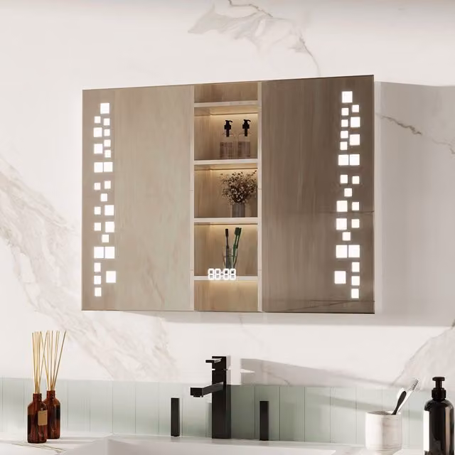 Livingandhome LED Bathroom Mirror with Clock in Silver