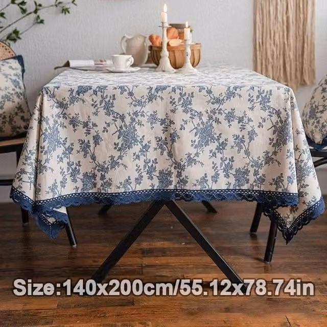 PAWNORA Blue Retro Floral Linen Tablecloth, W: 140 cm, L: 200 cm – 1