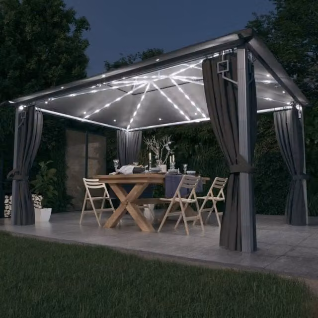 Berkfield Home Anthracite Aluminium Gazebo with Curtains and LED String Lights, W 4 m x D 3 m