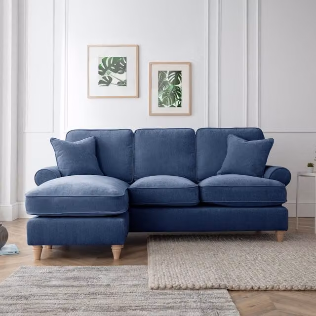 The Great Sofa Company Ezra Left Hand Velvet Chaise Sofa in Navy Blue with Scroll Arms