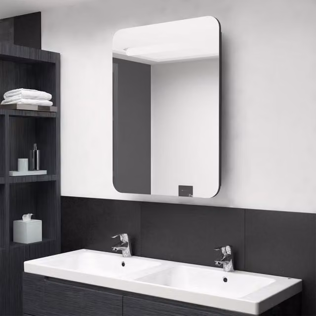 Berkfield Home Modern LED Bathroom Mirror Cabinet in Glossy Black, W/D/H: 60 x 11 x 80 cm