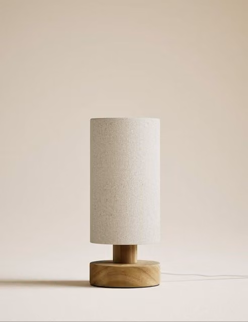 M&S Modern Wooden Table Lamp in Natural Beige and Brown with Fabric Cylinder Shade