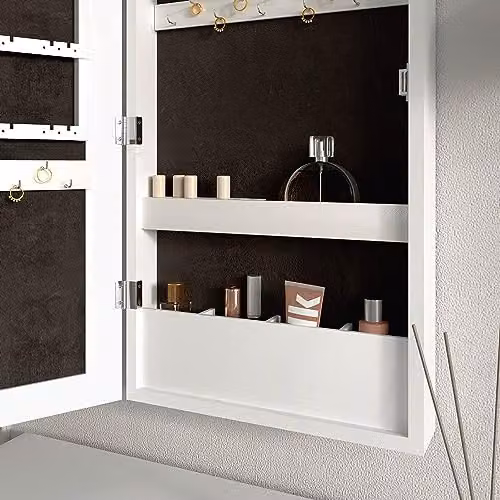 CARME Katie White Jewellery Storage Cabinet with Mirror and LED Lights, Wall Mounted or Tabletop Organiser for Bedroom and Bathroom – 2