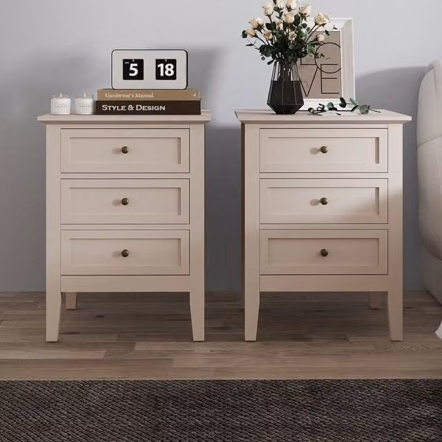 Melody Maison Rowley Pair of 3 Drawer Bedside Tables in Beige and Grey