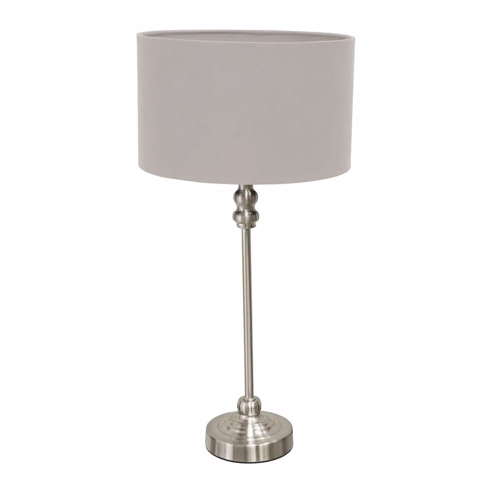 ValueLights Maggie Brushed Chrome Candlestick Table Lamp with Grey Fabric Drum Shade and LED Bulb – 2