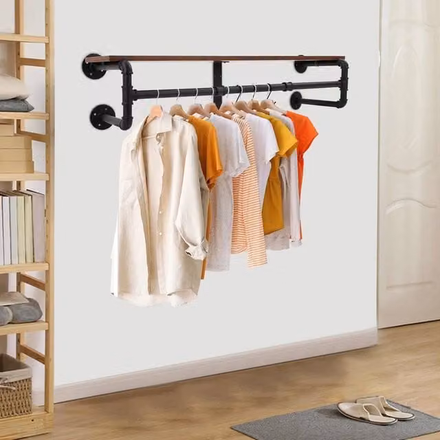 Ventryn Black Industrial Iron and Wood Wall Mount Coat Rack with Shelf, Width: 104 cm – 1