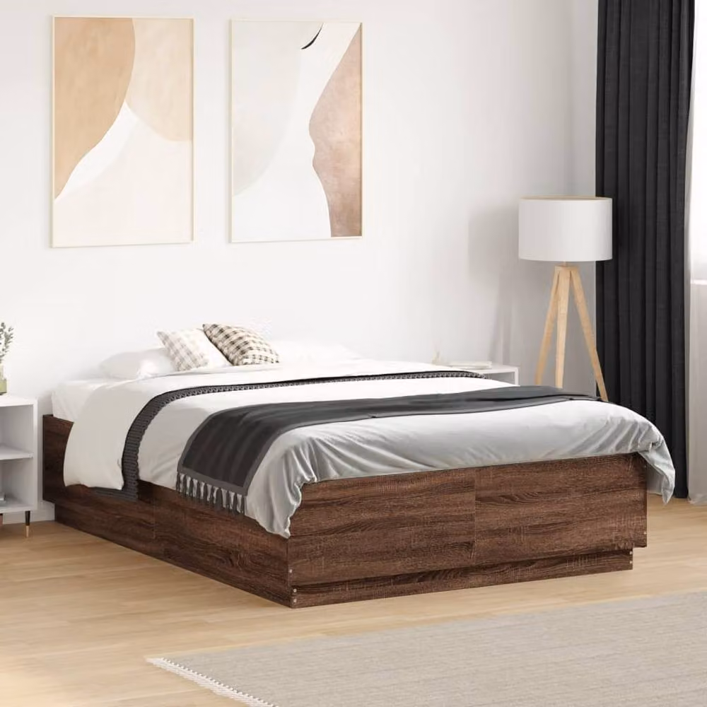 Berkfield Home Durable Double Bed Frame with Under-Bed LED Lighting in Brown Oak, W/D/H: 135 x 190 x 40 cm – 2