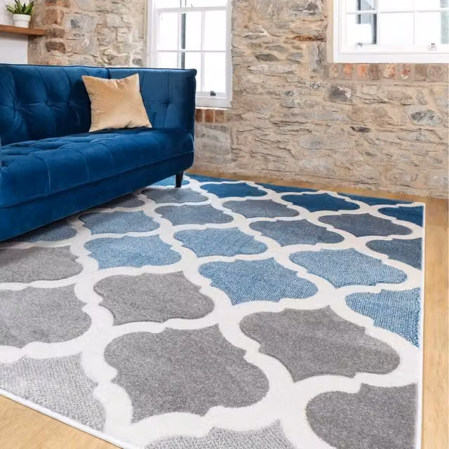 The Rug House Trellis Geometric Carved Modern Rug in Blue and Grey, W: 230 cm, D: 160 cm