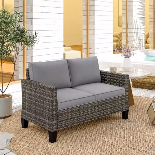 Outsunny 2 Seater Rattan Garden Sofa with Upholstered Cushions and Powder Coated Steel Frame, Grey – 7