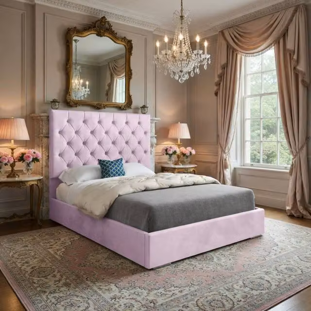 Casani Craster Pink Velvet Upholstered Chesterfield Bed Frame, W/D/H: 137.0 x 120 x 200 cm – 1
