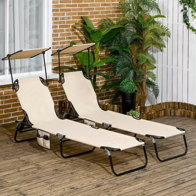 Outsunny Set of Two Folding Sun Loungers with Adjustable Backrest and Sunshade in Tan Brown