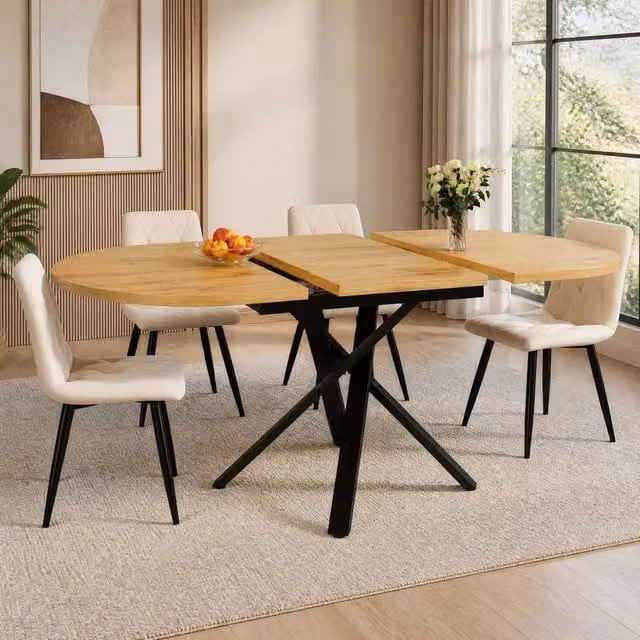 STILVORA Extendable Round Dining Table with X Metal Frame in Brown Wood – 1