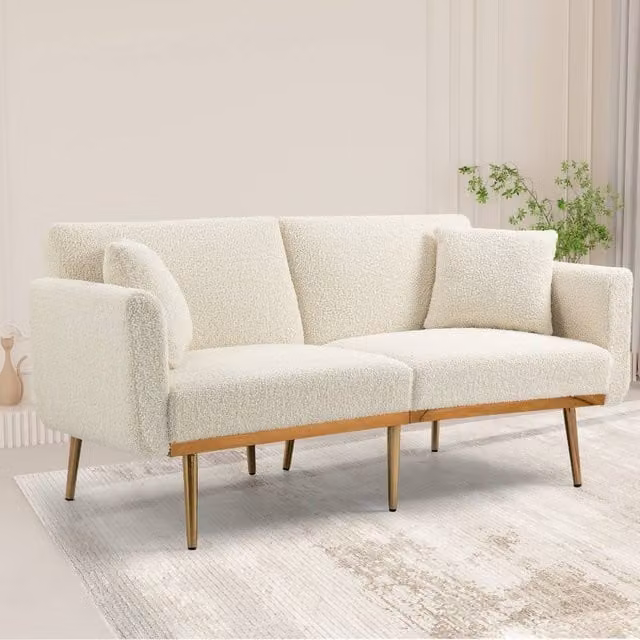 Direct Wicker Modern White Bouclé 2-Seater Sofa with Adjustable Backrest and Sleeping Function