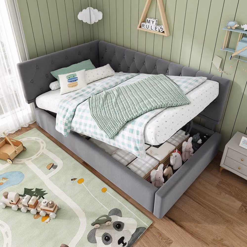 ModernLuxe Grey Velvet Upholstered Single Ottoman Daybed with Hydraulic Lift-Up Storage W/D/H: 190 x 90 x 77 cm – 7